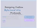 Horizontal stacked text saying: Designing Custom Byte-Level Wire Protocols, with hex dump bytes and protocol box labels on a dark background.