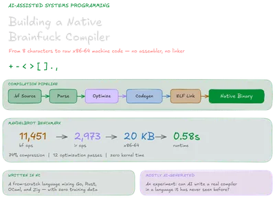 Visualization of the bfcc compilation pipeline, showing stages from source code to optimized IR to machine code to ELF binary.